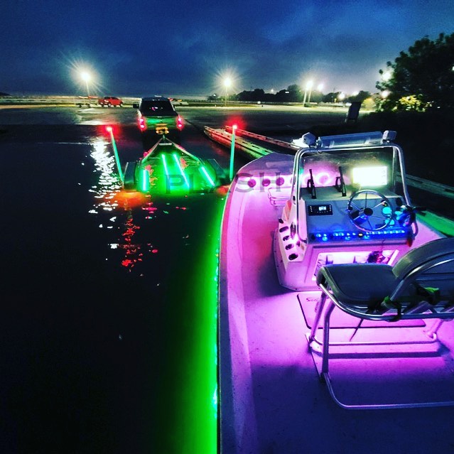 Fiberglass Boat Launch Evening showing LED Lighting on Gatorbak Bunks