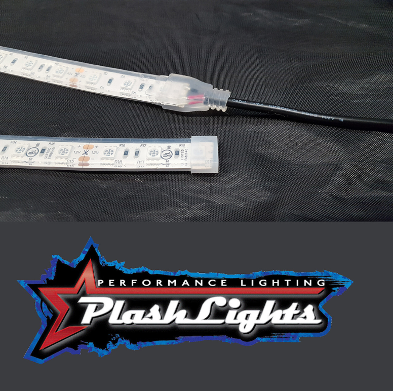 Plashlights logo with close up of LED light strip