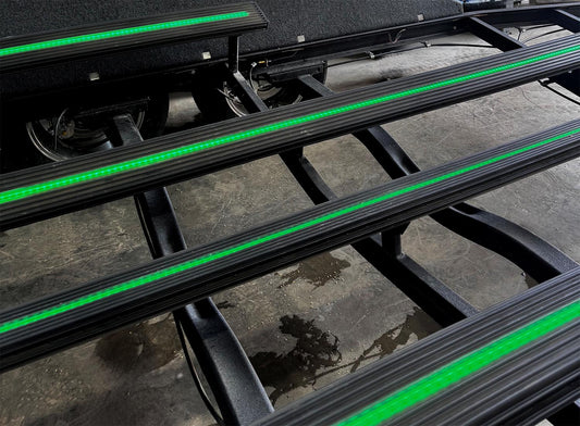 Gatorbak Synthetic Bunks in the semi-transparent color of smoke, Green LED Light Strips